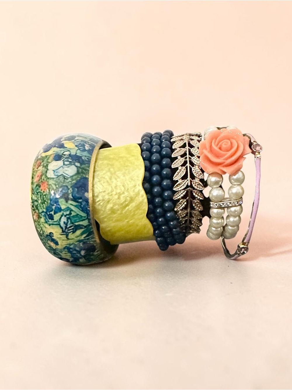 Van Gogh Iris Bangle & Floral Bracelet Stack Set - Blue, Pink, Yellow Boho